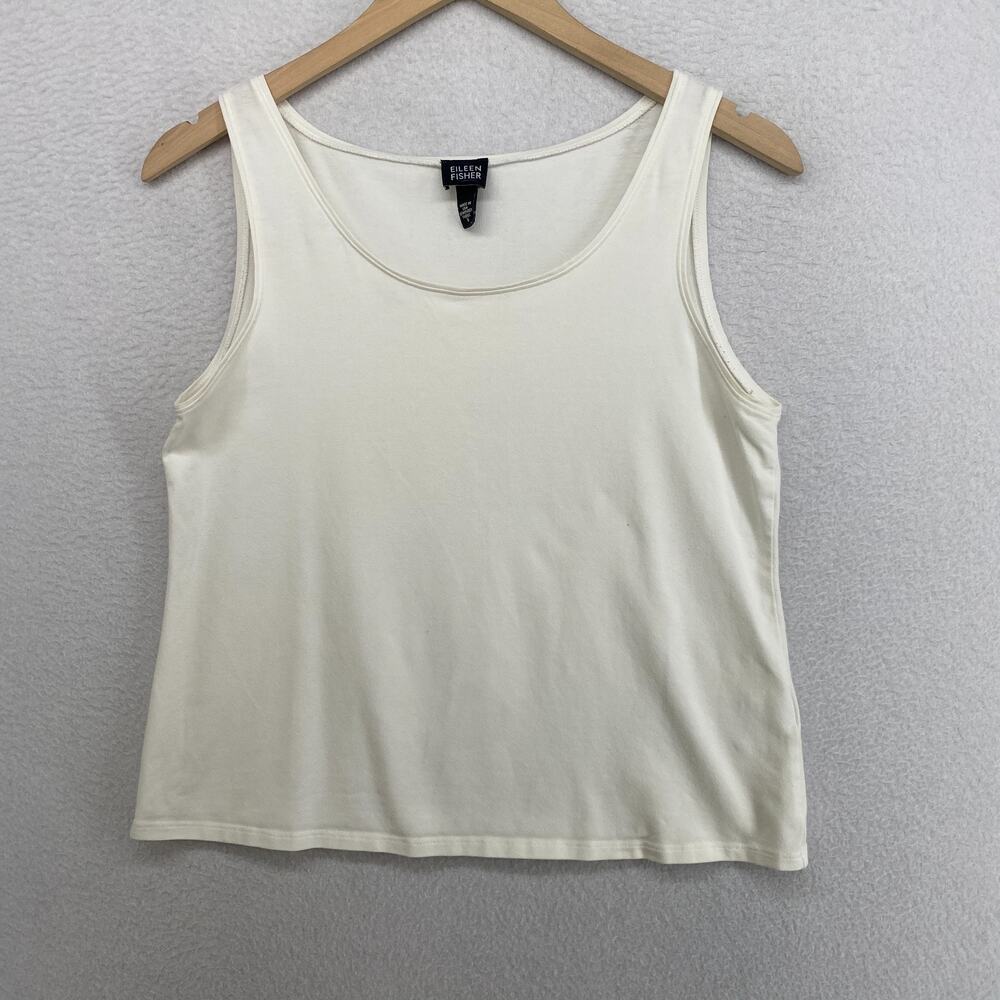 EILEEN FISHER Tank Top S Stretch Organic Cotton Jersey Scoop Neck Off White USA